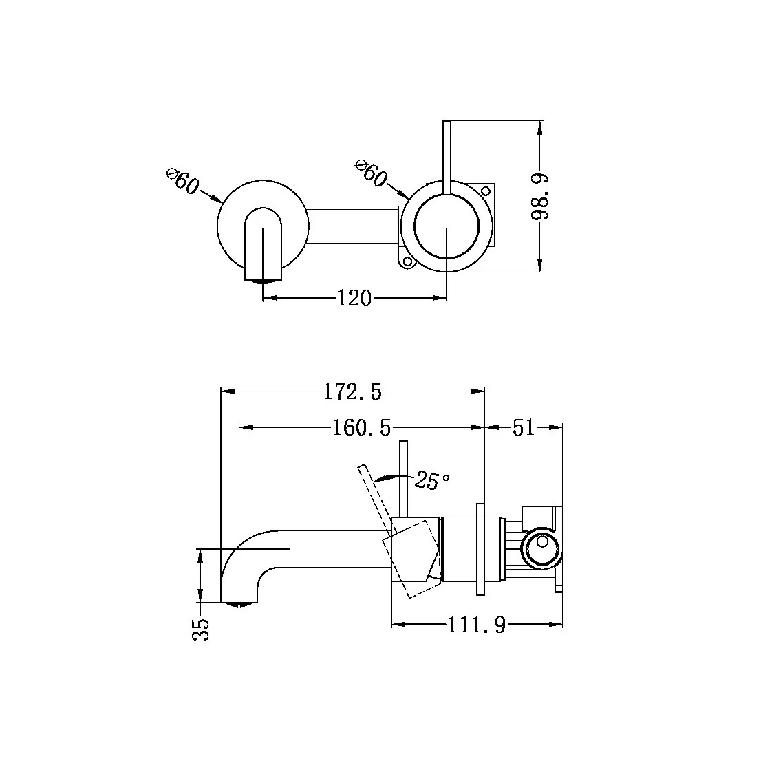 Mecca Wall Basin Mixer Handle Up 160mm - Image 4